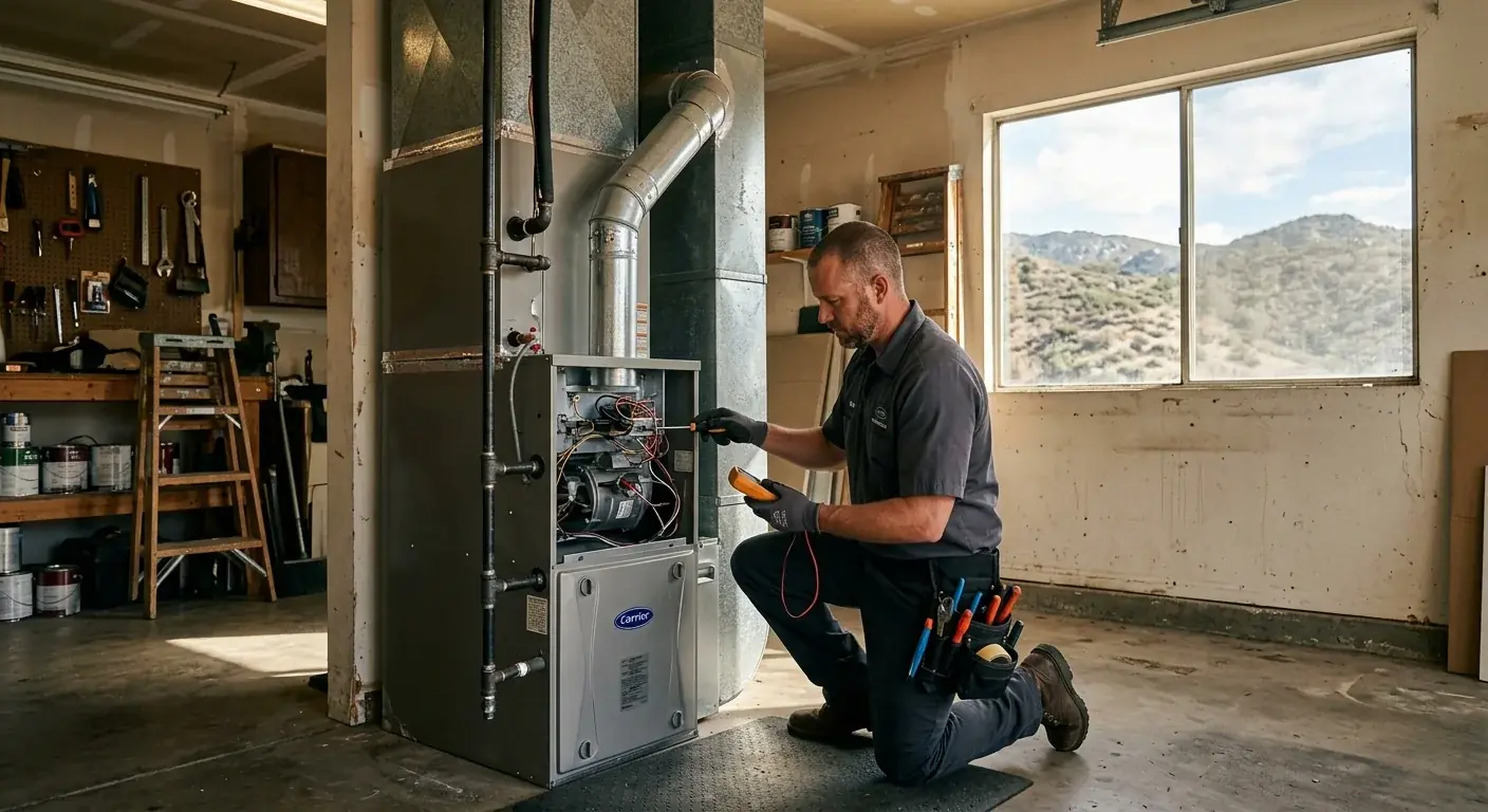 A residential gas furnace in a garage of an older Escondido home, with morning light through a window and dry inland hills visible outside.