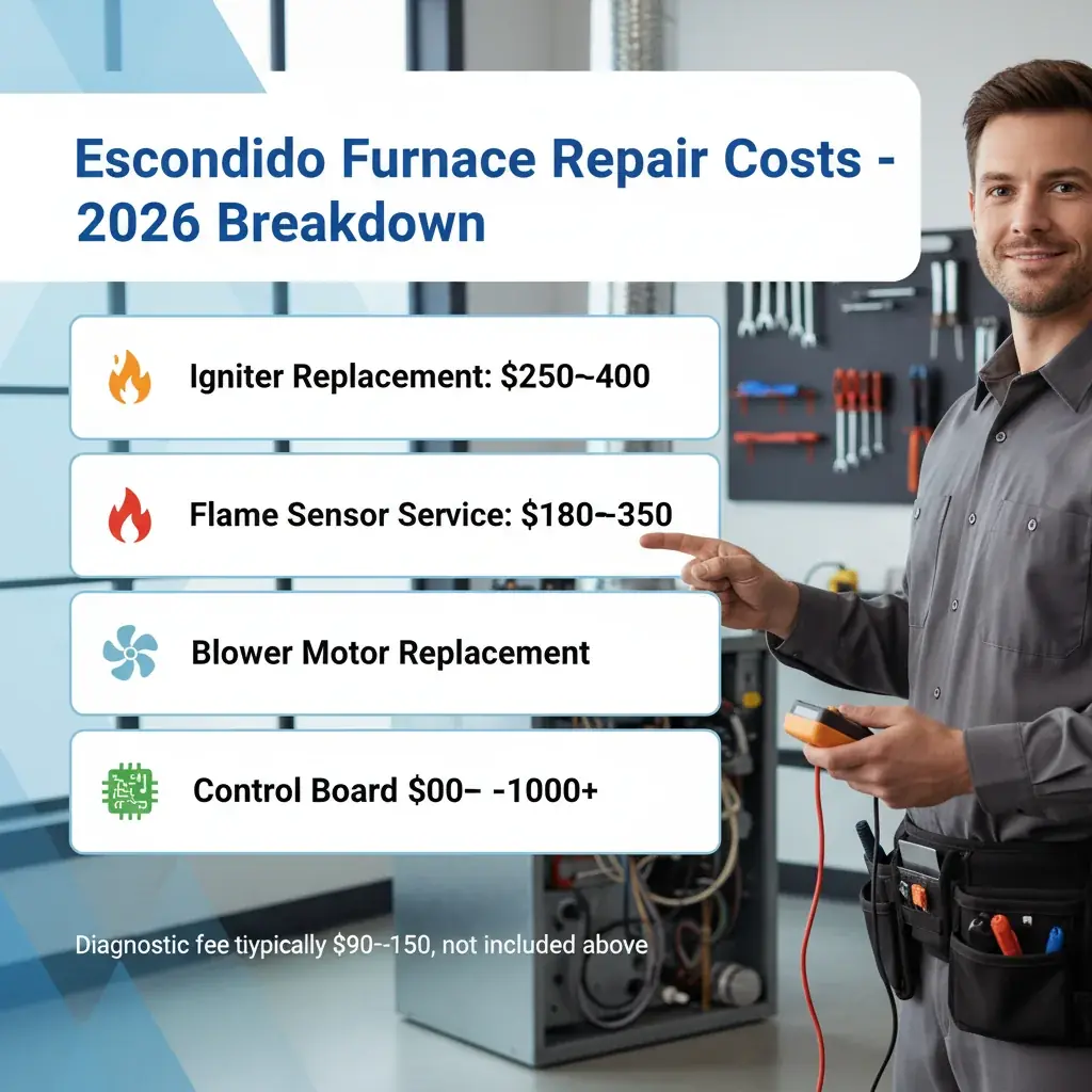 An infographic detailing common furnace repair costs in Escondido for igniters, flame sensors, blower motors, and control boards in 2026.