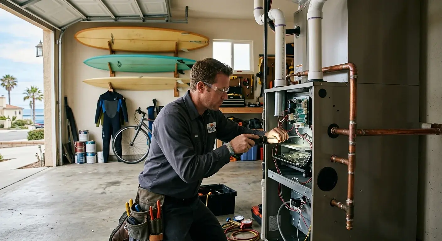 Technician working on a furnace in a garage of an Oceanside home, with surfboards hanging on the wall in the background