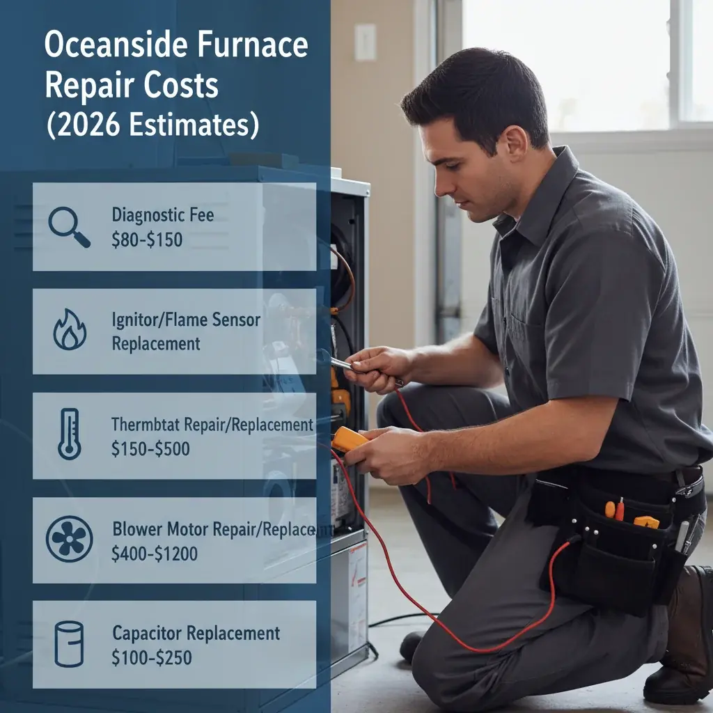 Infographic showing typical furnace repair costs in Oceanside for common issues like ignitor, thermostat, and blower motor, with average cost ranges for 2026.