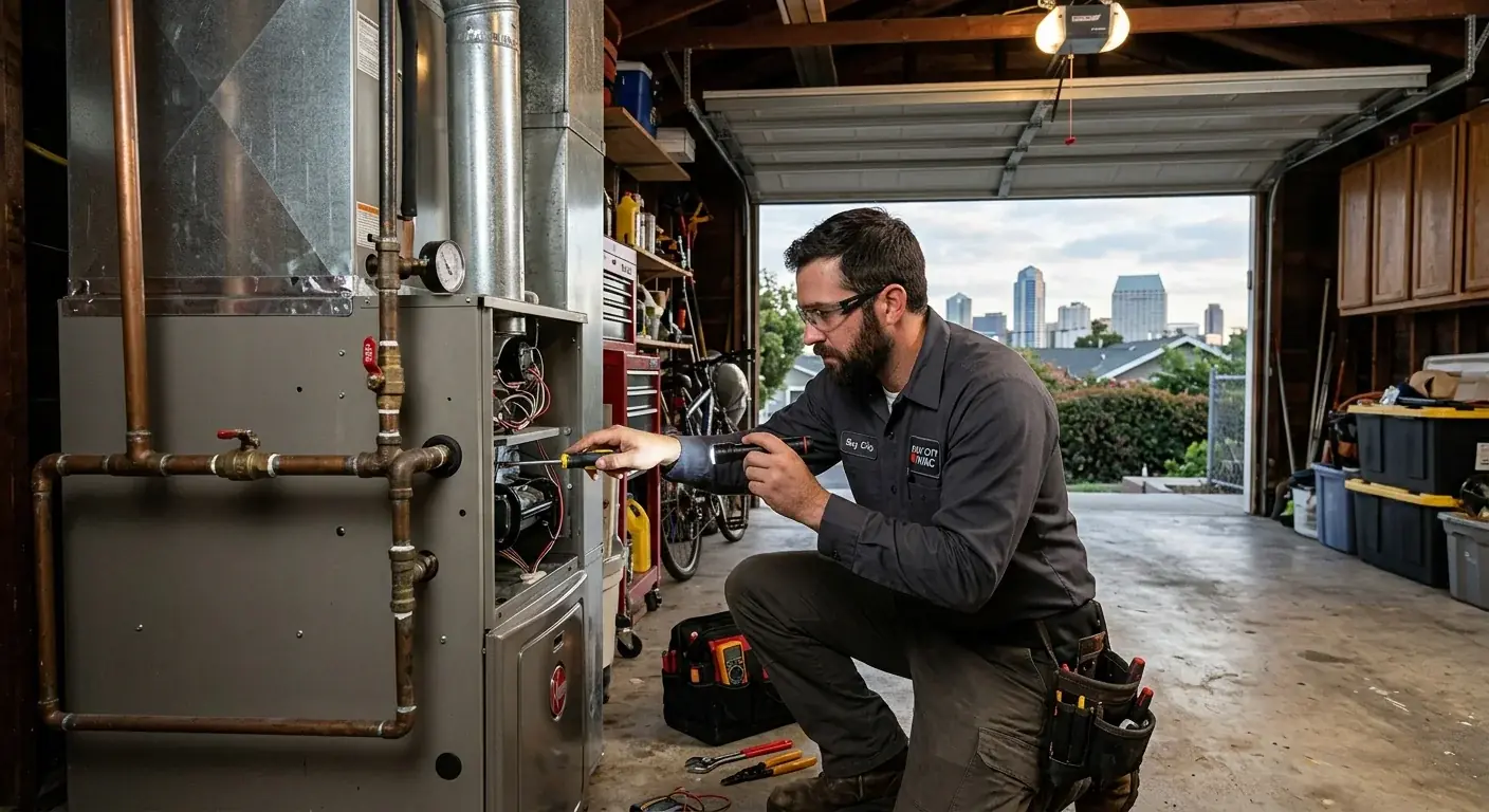 HVAC technician servicing a residential gas furnace during a winter heating system check