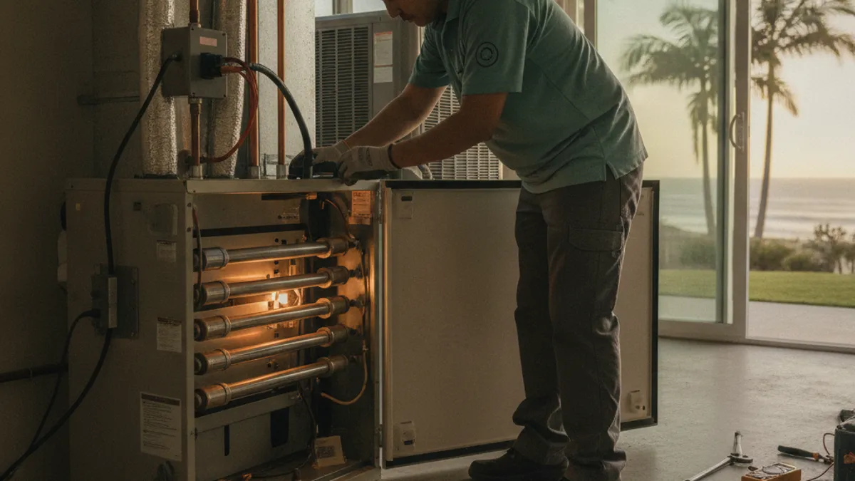 A furnace access panel open in a Solana Beach California home near the coast, showing the burner assembly and igniter