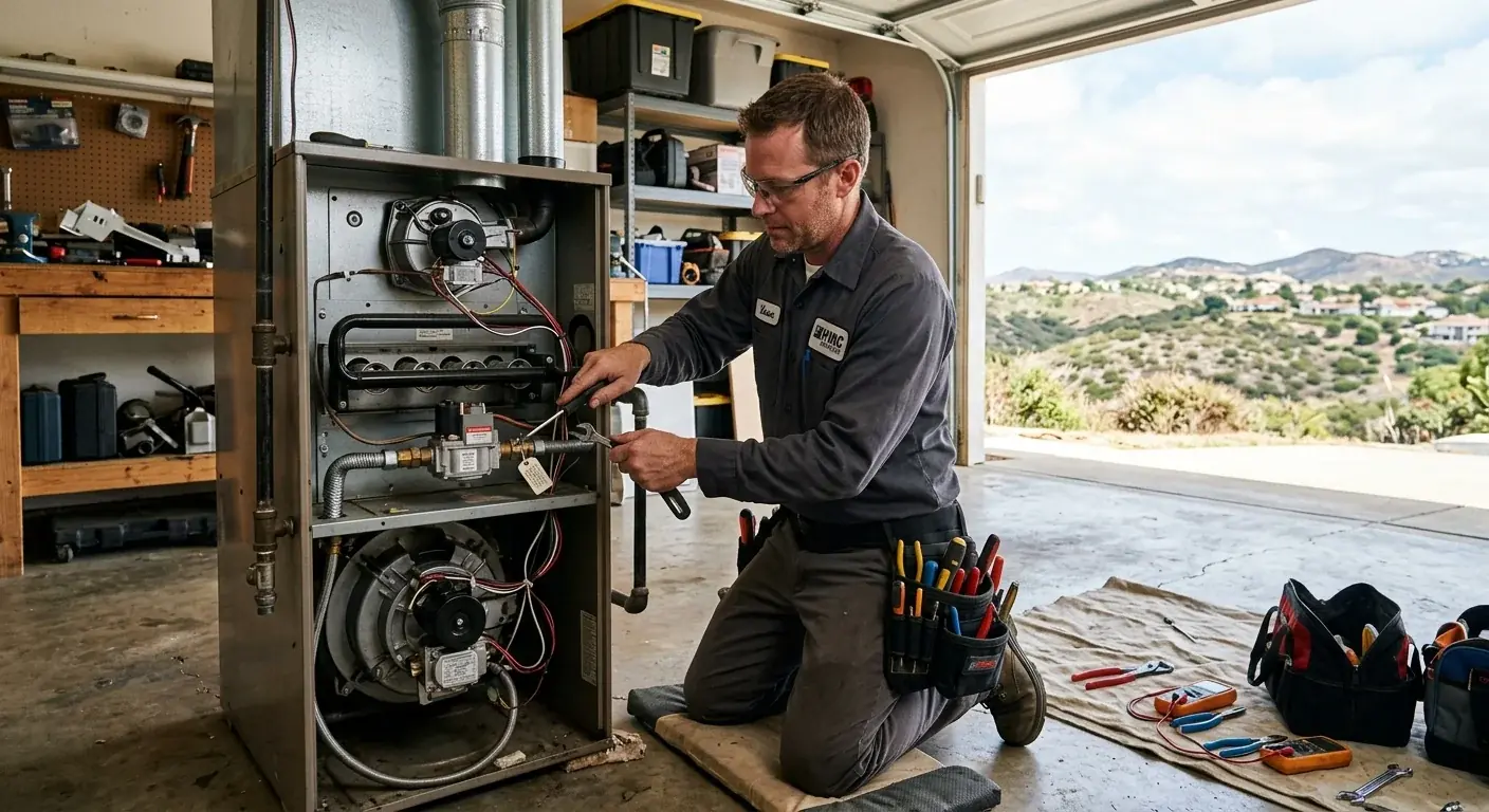 HVAC technician with a combustion analyzer checking a furnace in an El Cajon East County home