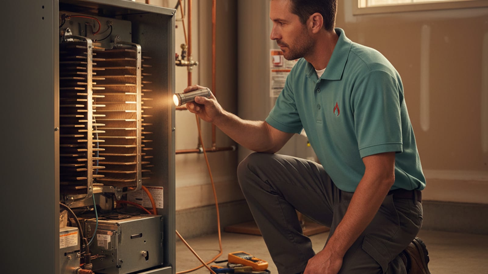 HVAC technician kneeling beside a gas furnace with the front panel removed and a flashlight inspecting the burner assembly