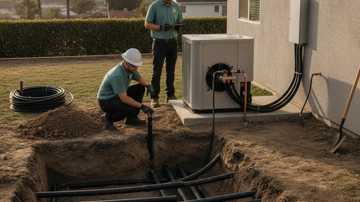 A diagram-style photo of a residential yard showing buried geothermal loop piping before backfilling, with a heat pump unit nearby