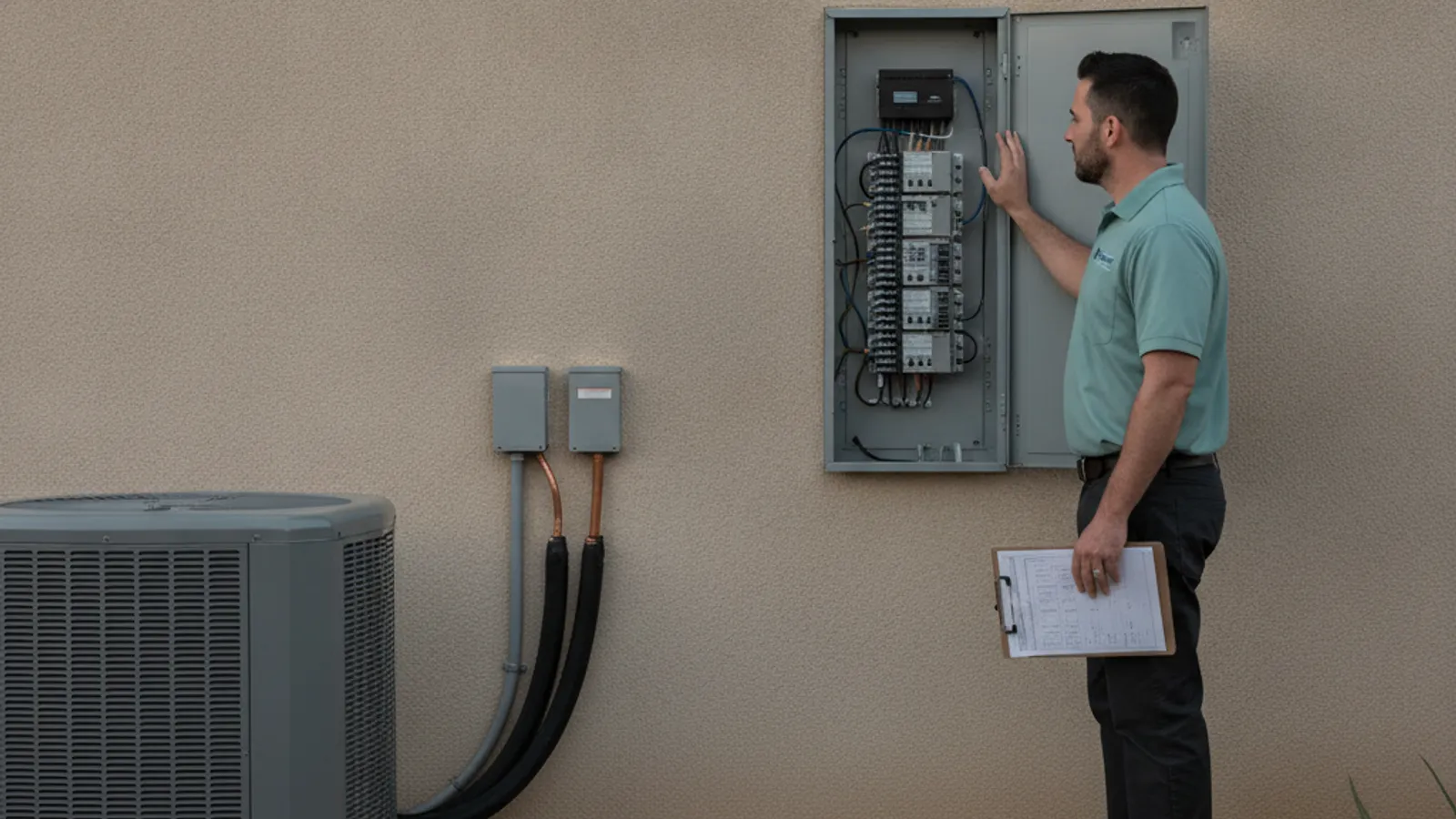 HVAC technician checking an open electrical panel next to a heat pump condenser on the side of a San Diego home