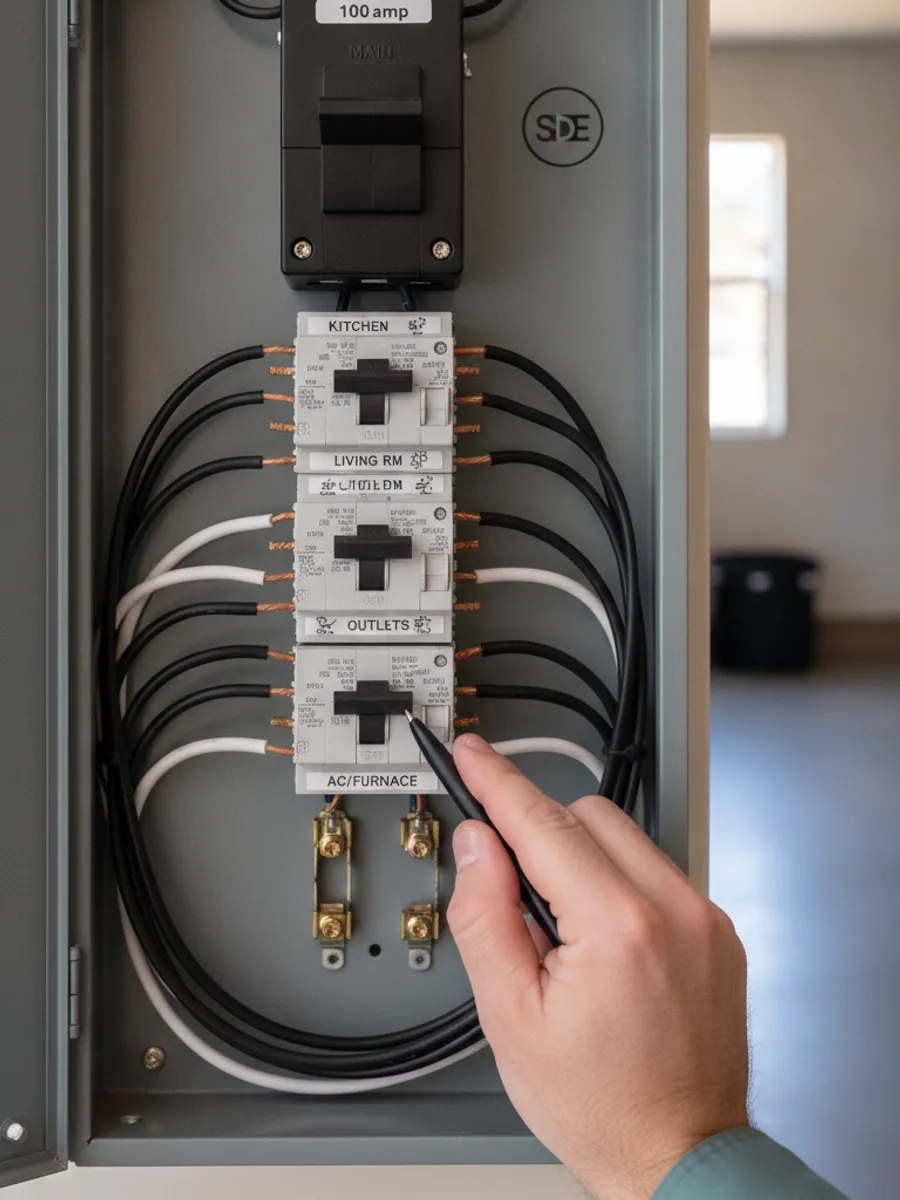 Open 100-amp electrical panel with a technician pointing at the AC and furnace circuit breaker