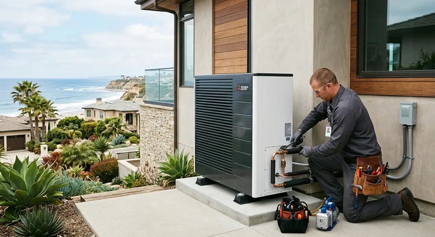 HVAC technician installing a heat pump on the side of a San Diego tract home