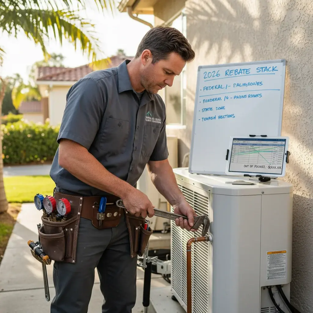 Outdoor heat pump unit serving a newly built San Diego County home.