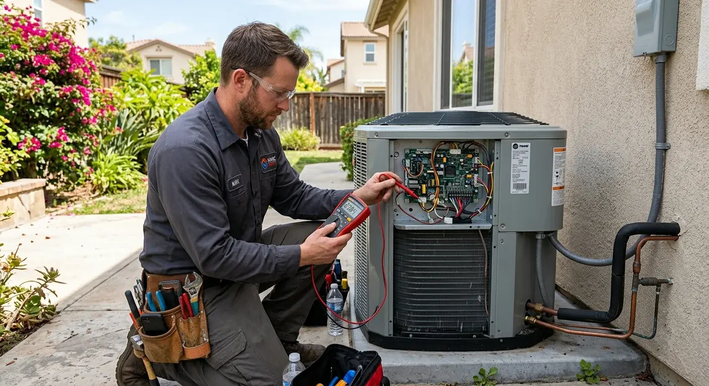 Outdoor heat pump unit at a San Diego home with a technician listening for unusual sounds