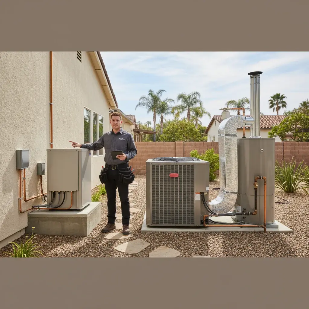 Outdoor heat pump unit cabinet at a San Diego home with the reversing valve inside