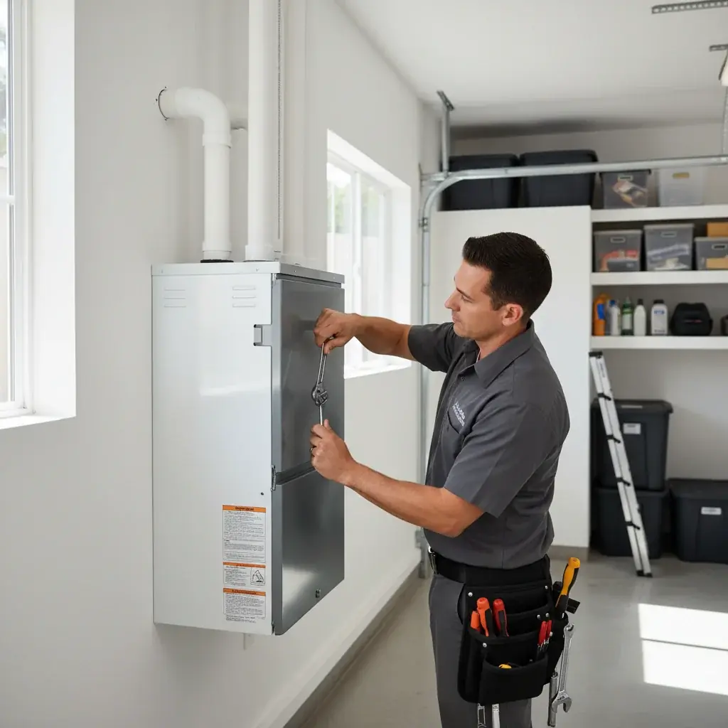 Modern high-efficiency condensing gas furnace installed in a clean San Diego garage.