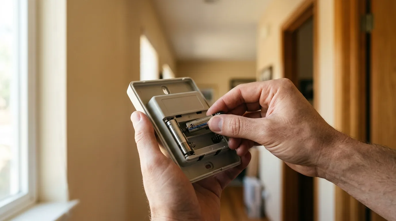 A hand replacing two AA batteries in a Honeywell thermostat removed from its wall backplate