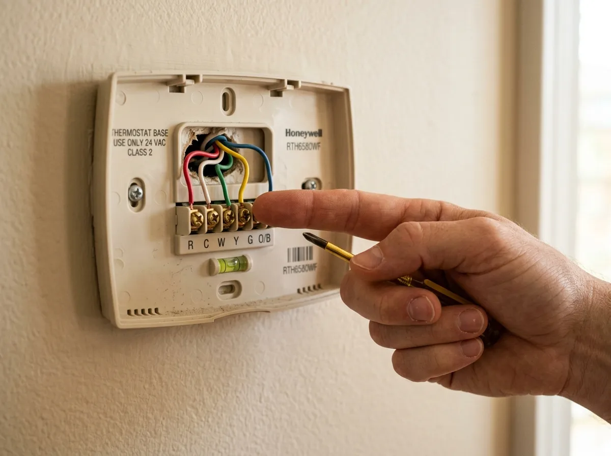 Close-up of a Honeywell thermostat backplate with labeled wire terminals and a finger pointing to the C-wire connection