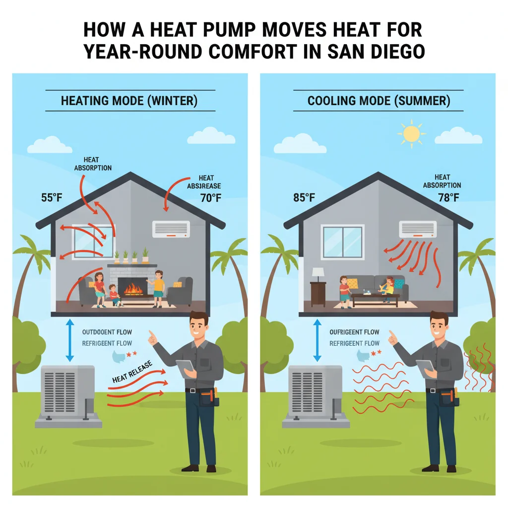 Diagram of a heat pump's reversing valve changing refrigerant flow for heating or cooling.