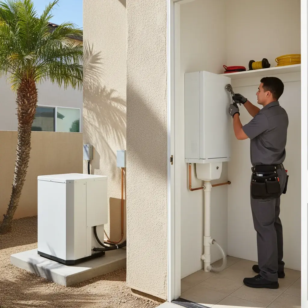 An HVAC technician installs a new heat pump system on the side of a San Diego home.
