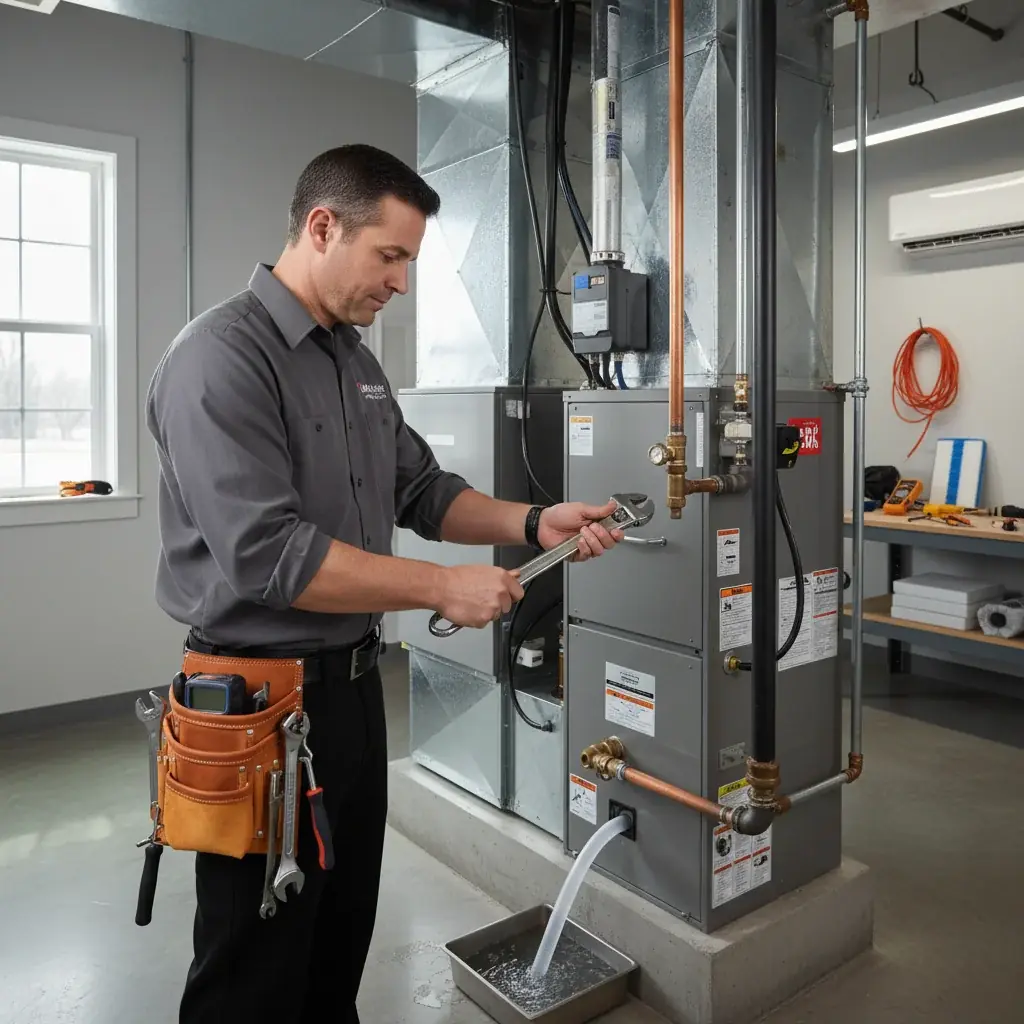 HVAC professional inspecting equipment inside a rental property utility closet