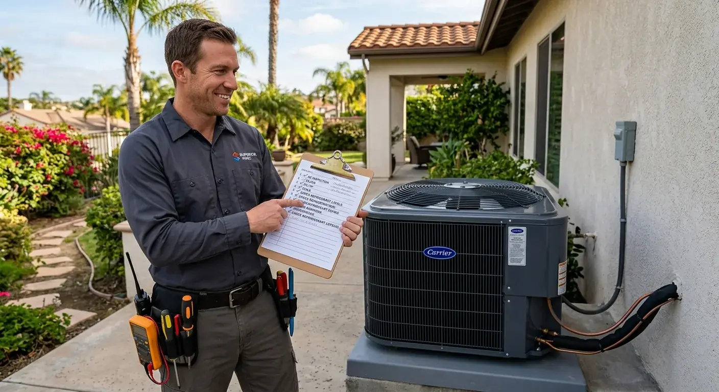 HVAC technician servicing an outdoor condenser unit at a rural Fallbrook California estate property surrounded by avocado groves