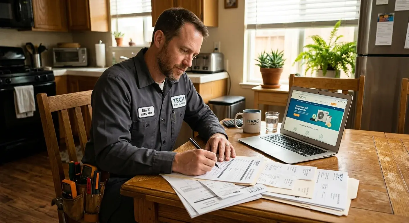 Homeowner at a kitchen table reviewing a stack of rebate paperwork next to a laptop showing the TECH Clean California website, warm interior light