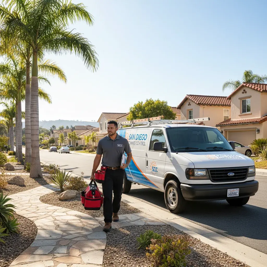 A San Diego homeowner on the phone deciding who to call for AC repair on a hot afternoon.