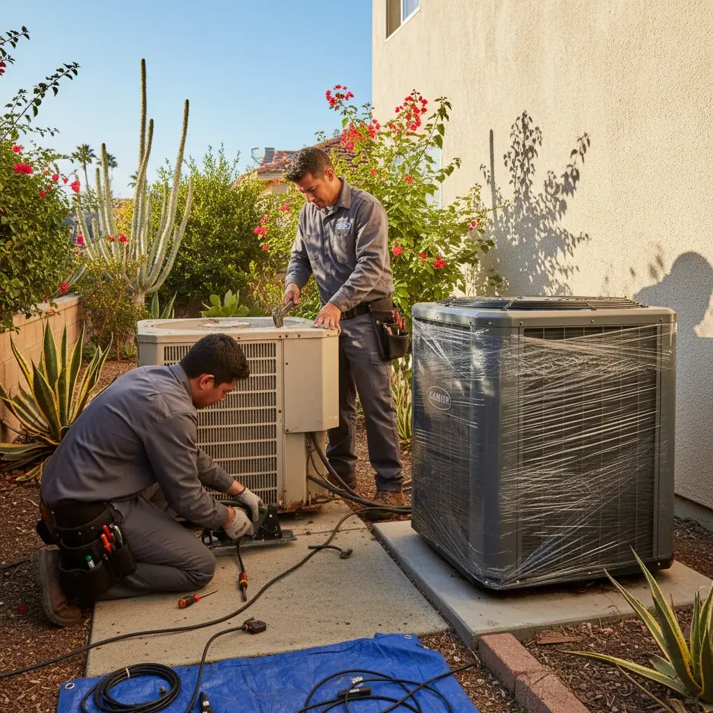 Technicians removing an old, rusted AC condenser next to a new unit on a concrete pad in a San Diego home's side yard.