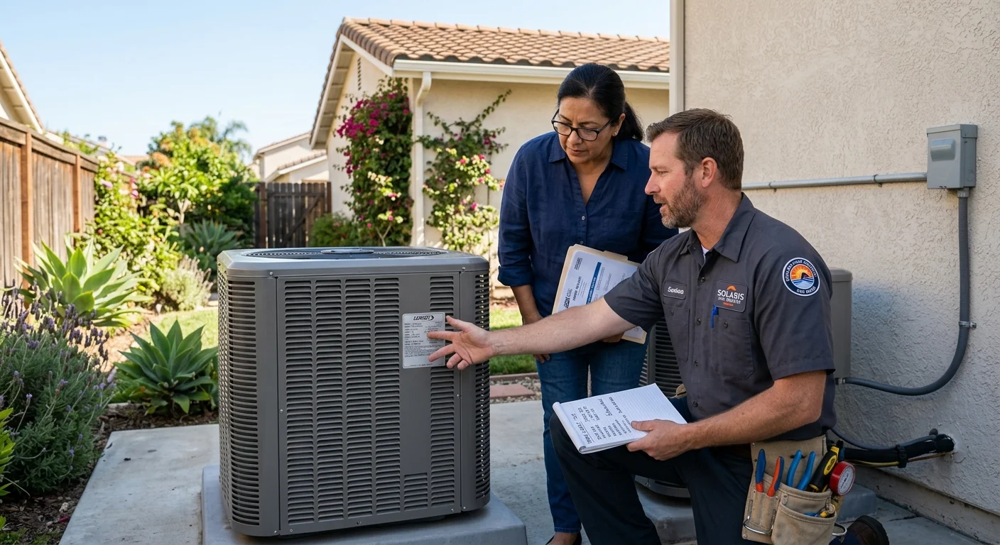 San Diego homeowner and HVAC contractor reviewing an outdoor AC data plate