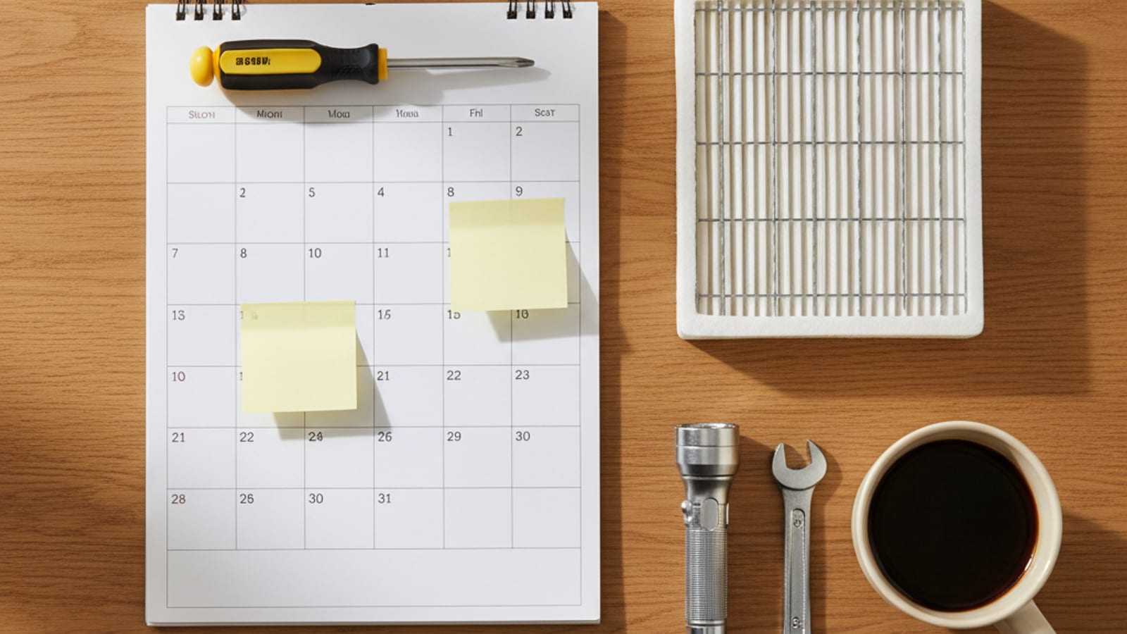 Overhead flat-lay of a calendar with sticky note reminders next to an HVAC filter a flashlight and a small set of hand tools on a wood surface