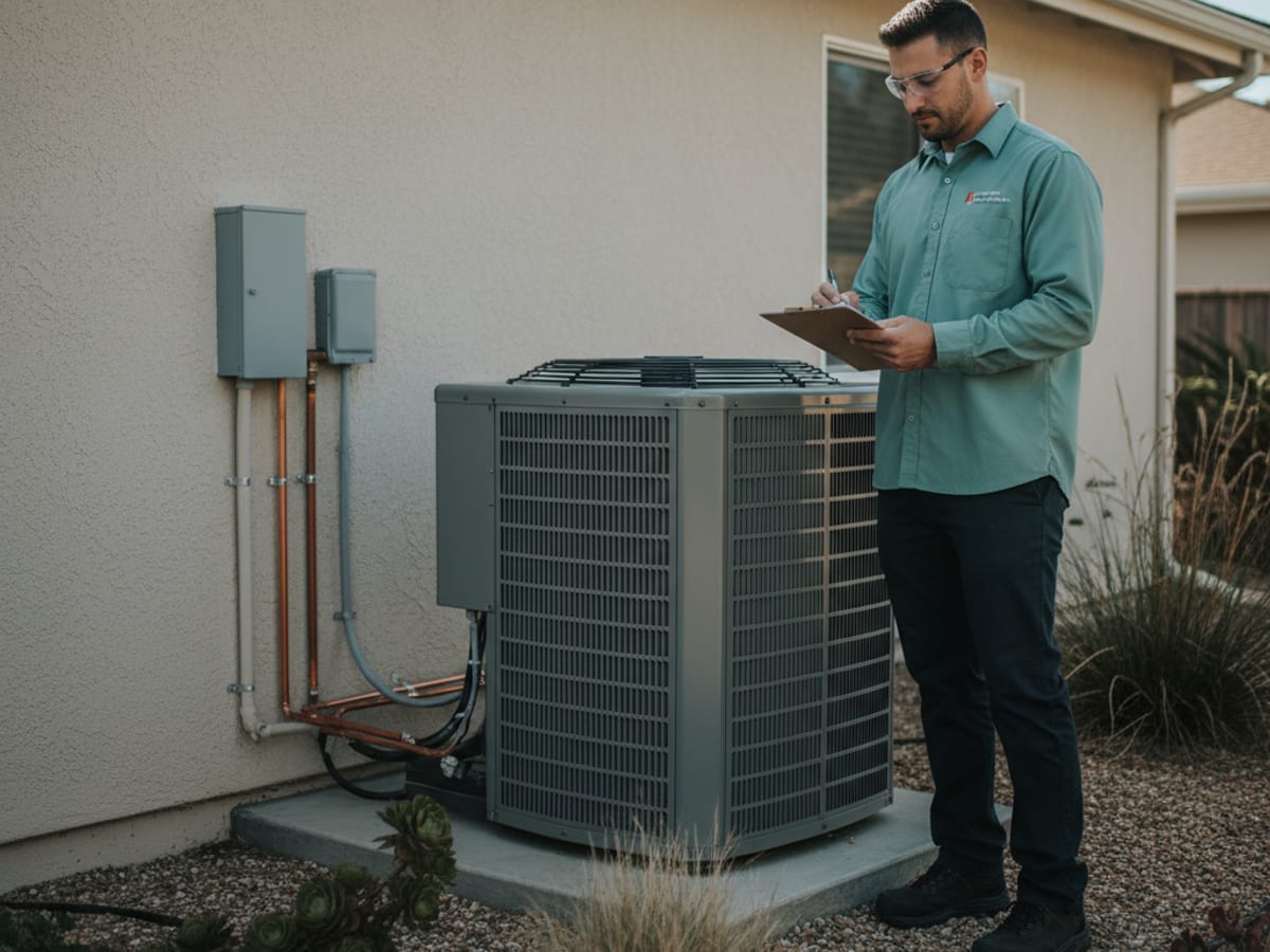 HVAC technician writing on a clipboard while standing beside an outdoor AC condenser during a fall maintenance visit