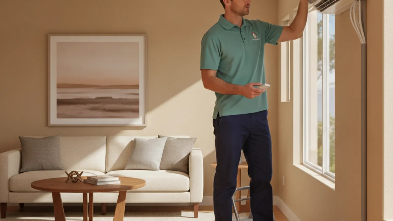 HVAC technician diagnosing a wall-mounted ductless mini split indoor unit in a San Diego home