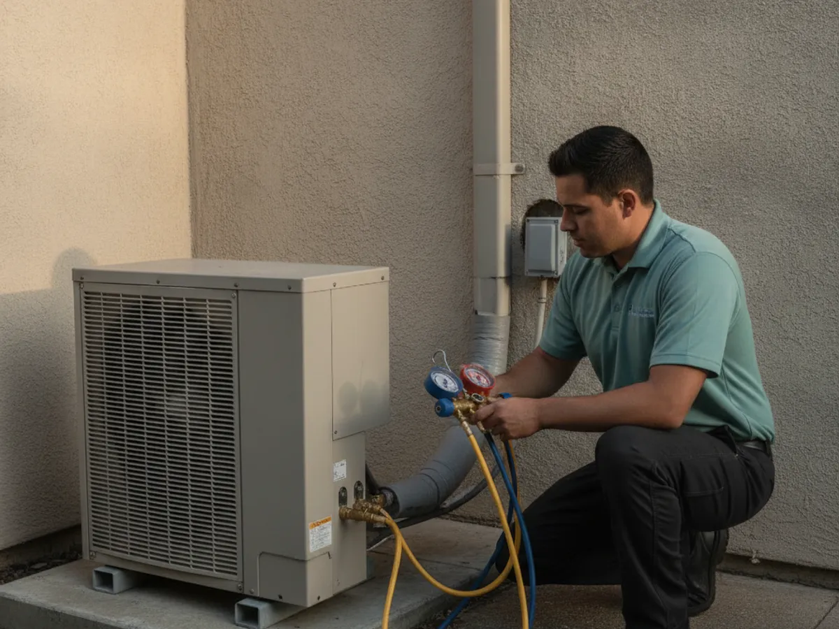 HVAC technician working on a ductless mini split outdoor condenser and refrigerant line set outside a San Diego home
