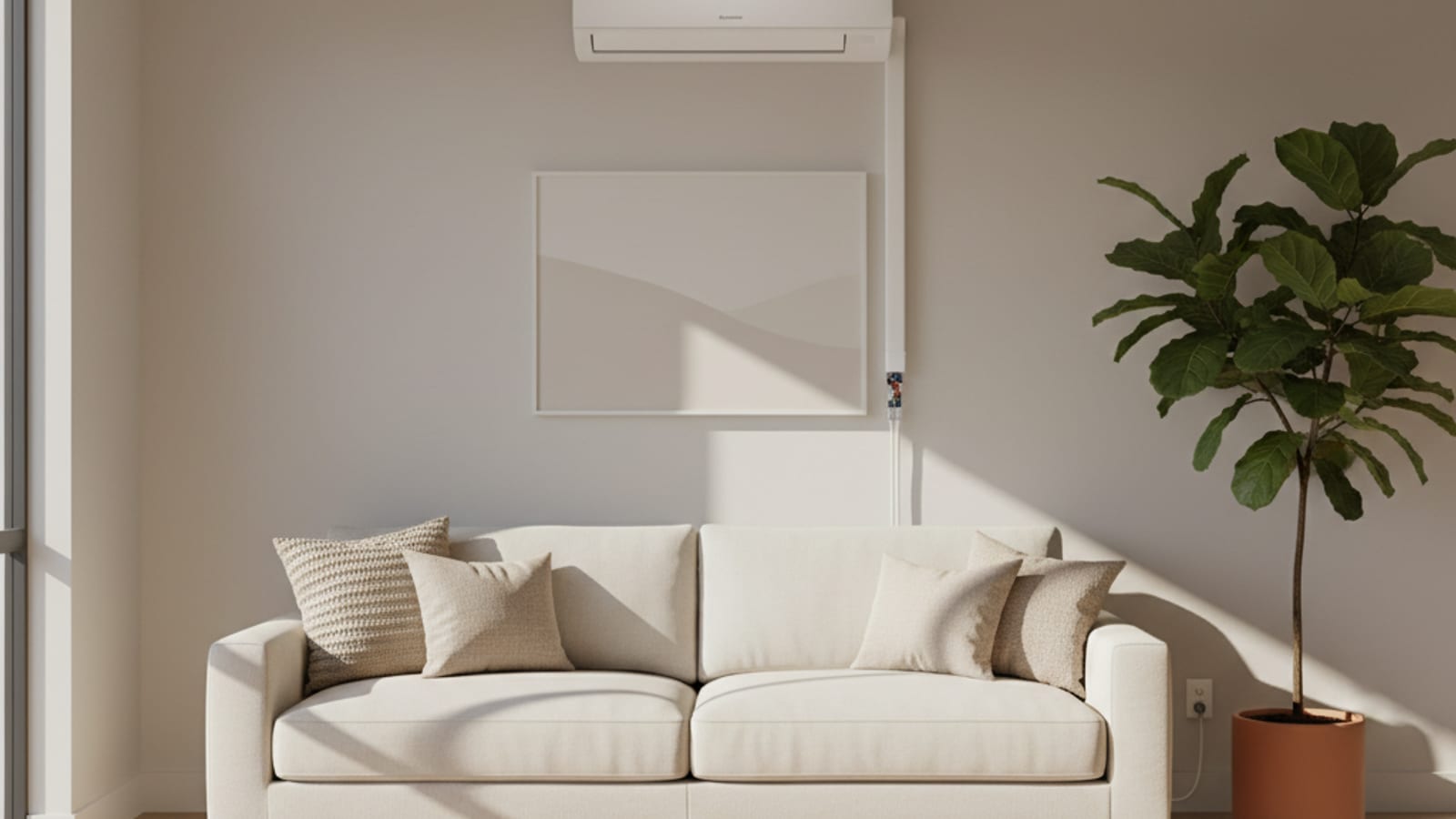 Wall-mounted ductless mini split indoor head installed high on the wall of a modern California living room with clean neutral decor