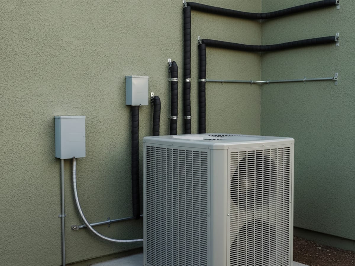 Multi-zone mini split outdoor condenser with three refrigerant line sets exiting to separate indoor zones, mounted beside a stucco home