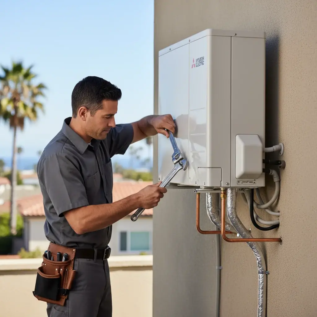 Outdoor mini-split condenser sitting on a slab next to a converted garage in San Diego