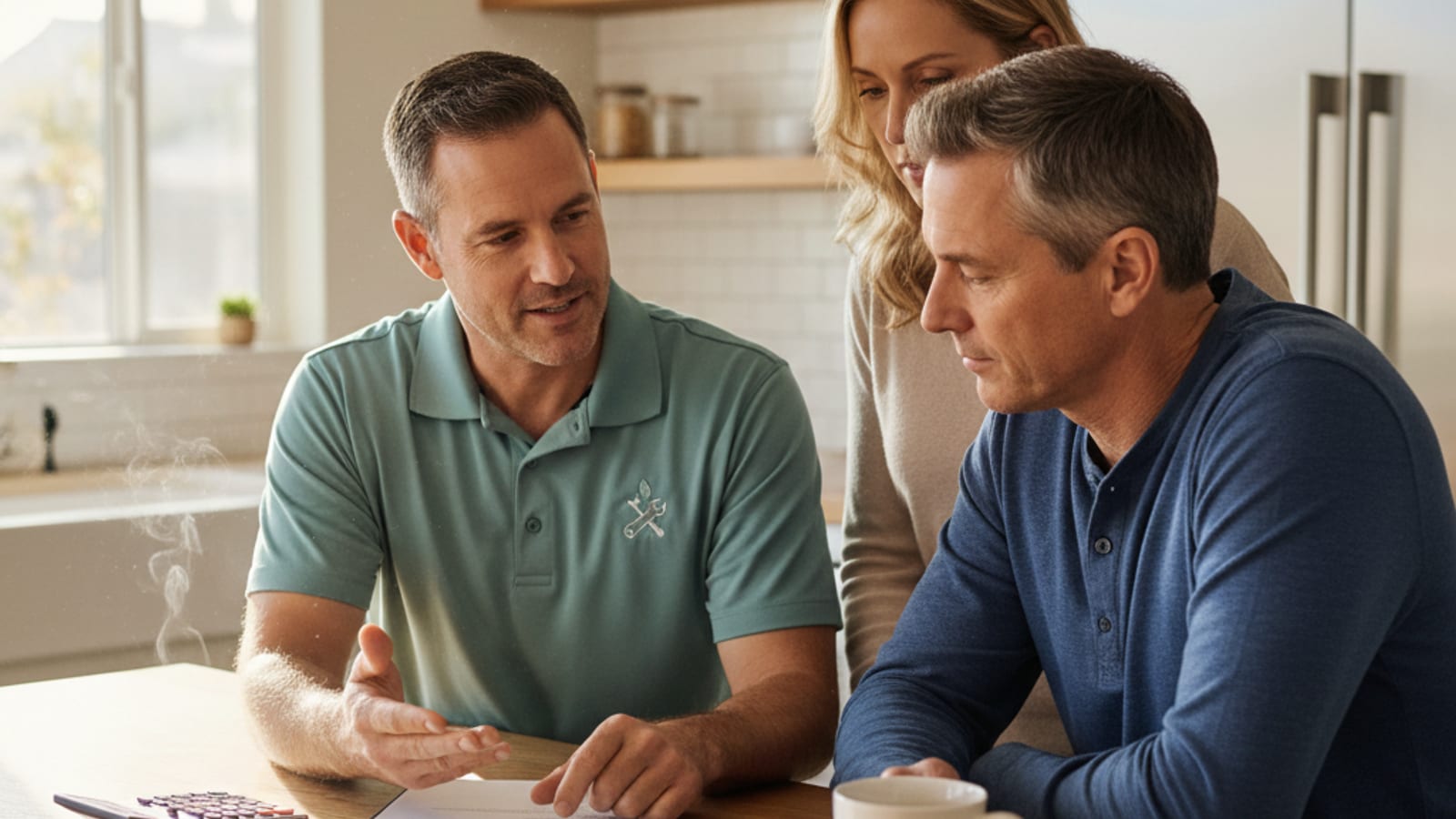 HVAC technician reviewing a written AC replacement quote with a homeowner at a kitchen counter in a San Diego home