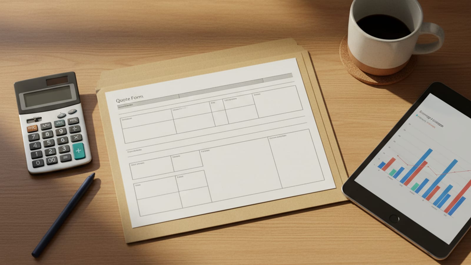 Overhead view of a kitchen counter with a quote folder, calculator, tablet showing an energy bill chart, and pen ready for rebate paperwork