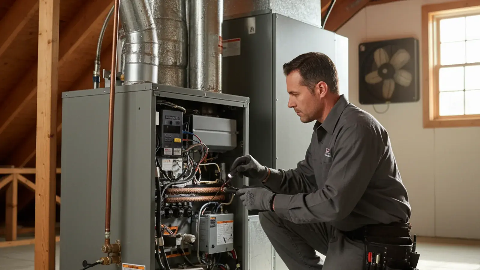 HVAC technician kneeling beside a gas furnace with the front panel removed and a flashlight inspecting the burner assembly