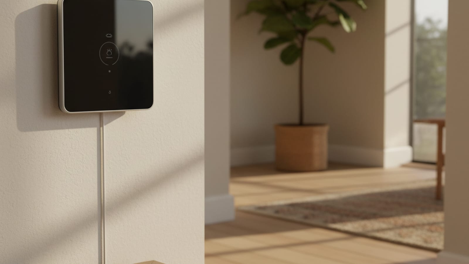Newly installed smart thermostat mounted on a hallway wall with a homeowner's phone nearby showing the thermostat app