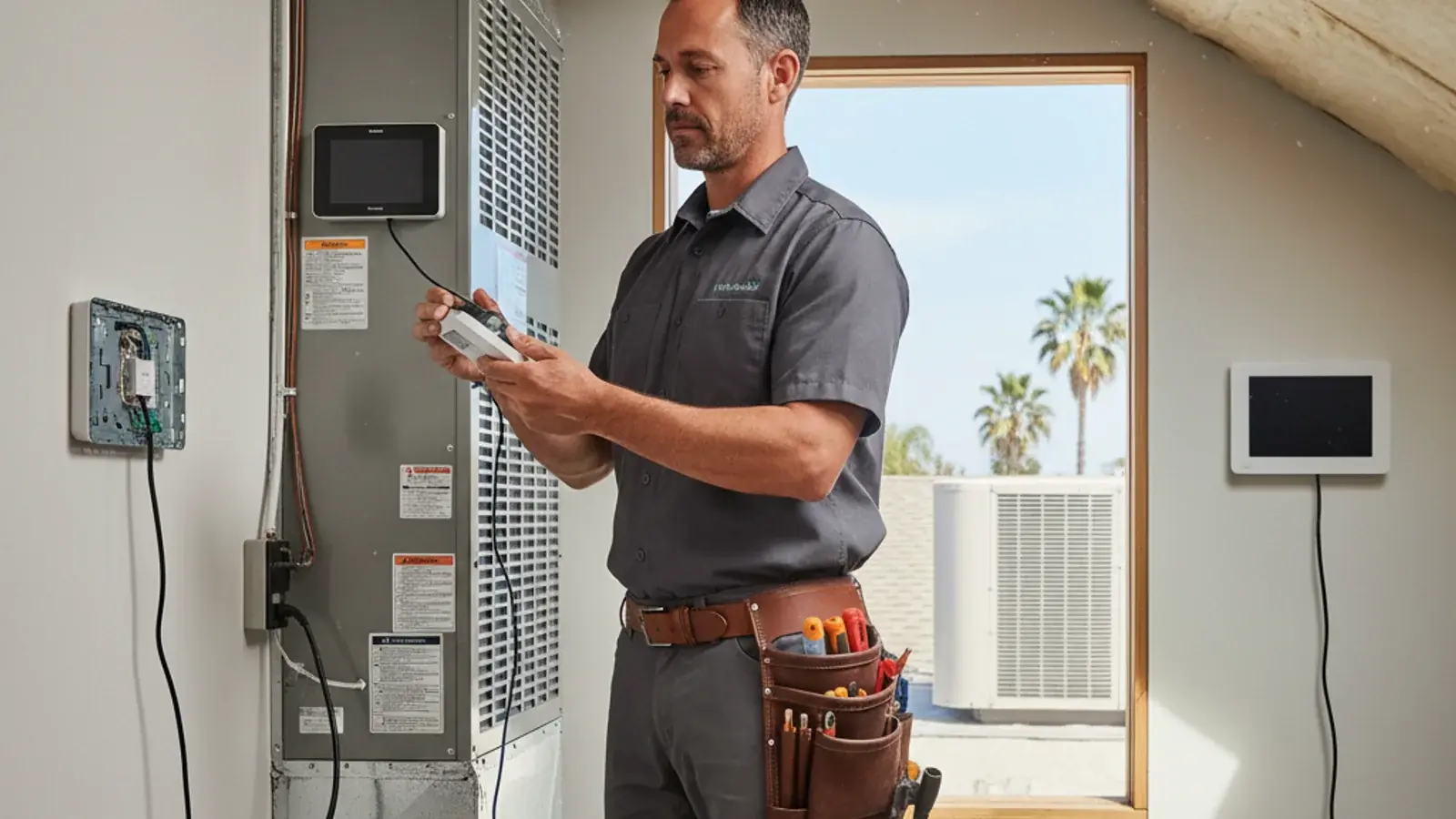Smart thermostat on a San Diego home wall, photo realistic.