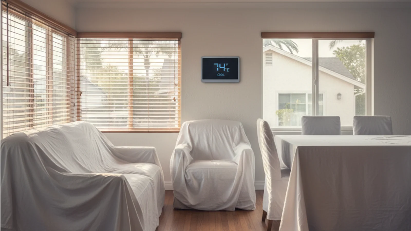 A closed-up San Diego vacation home with shades drawn and a smart thermostat reading on the wall