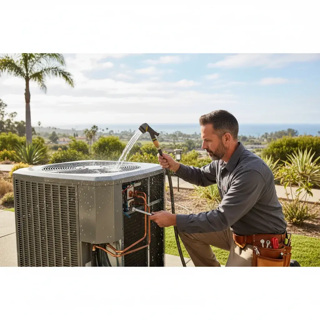 HVAC technician measuring refrigerant pressure on a residential AC condenser during a spring tune-up at an Escondido home