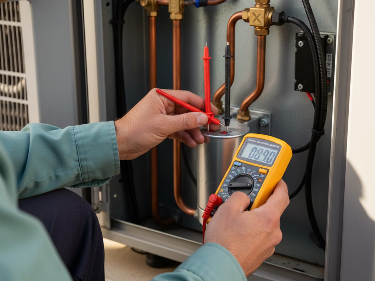 Close-up of hands holding a digital multimeter reading the microfarad capacitance of an HVAC run capacitor inside an opened service panel