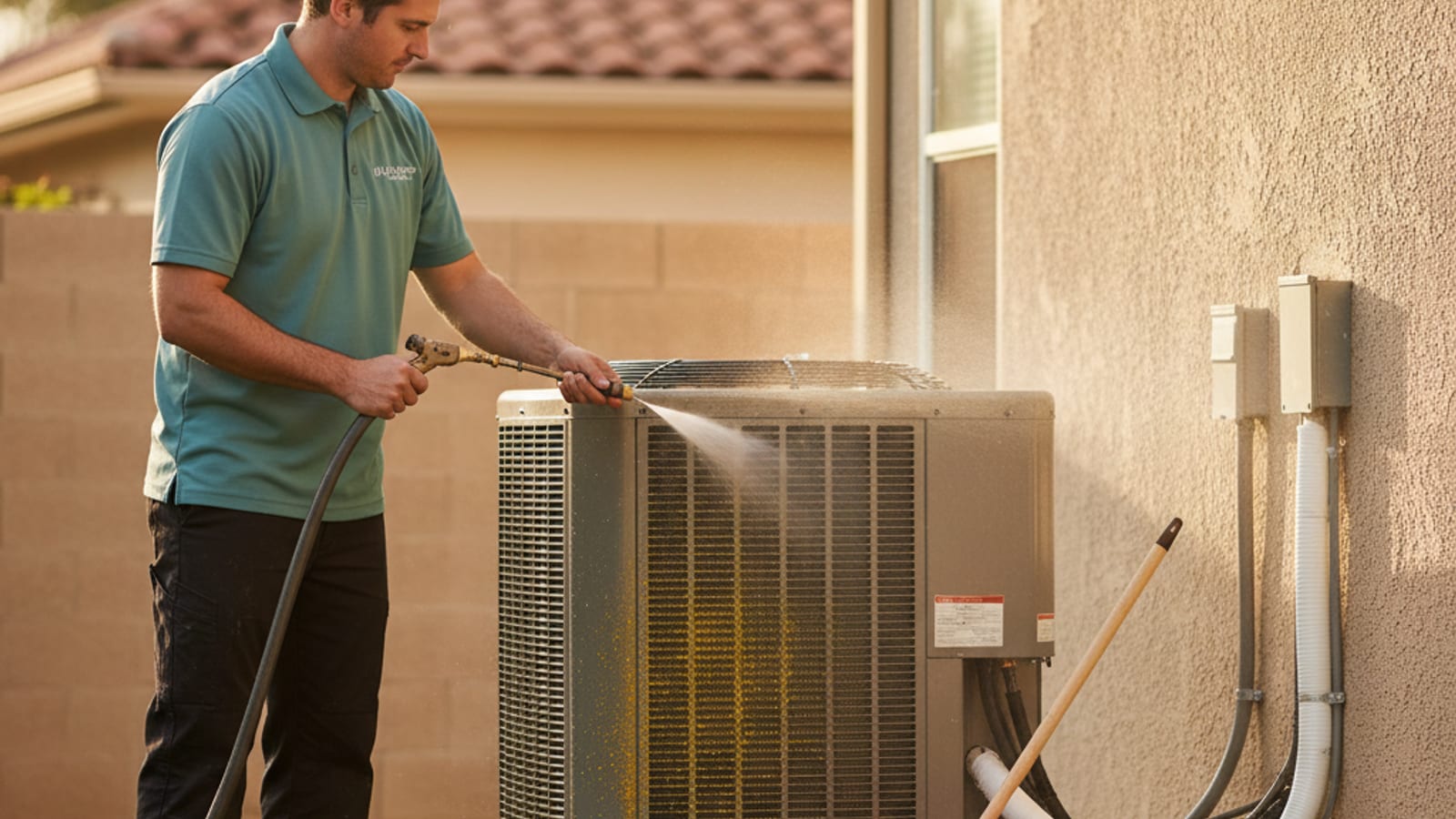 HVAC technician in sage-teal polo washing the outdoor coil of an AC condenser with a garden hose during a spring tune-up