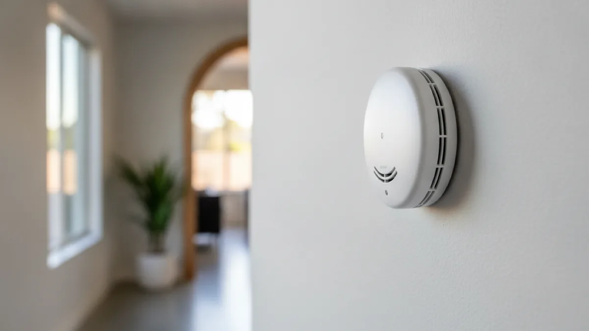Carbon monoxide detector mounted on the wall of a San Diego home near a hallway