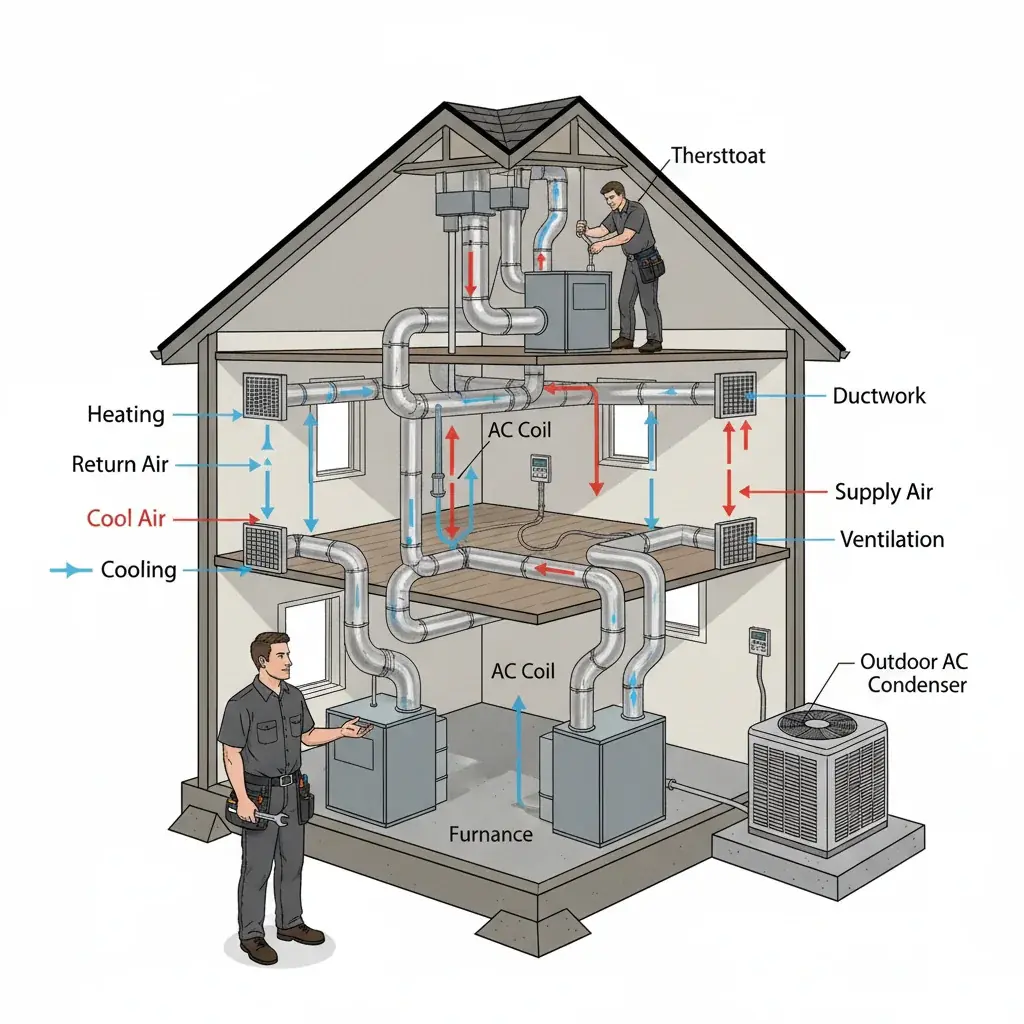 A diagram of a home showing how air circulates through the furnace, AC coil, and ductwork, illustrating the complete HVAC system.
