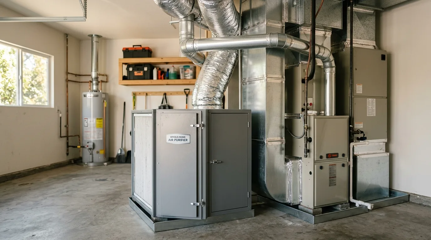 A whole-home air purifier and media filter cabinet installed next to a furnace in a San Diego home