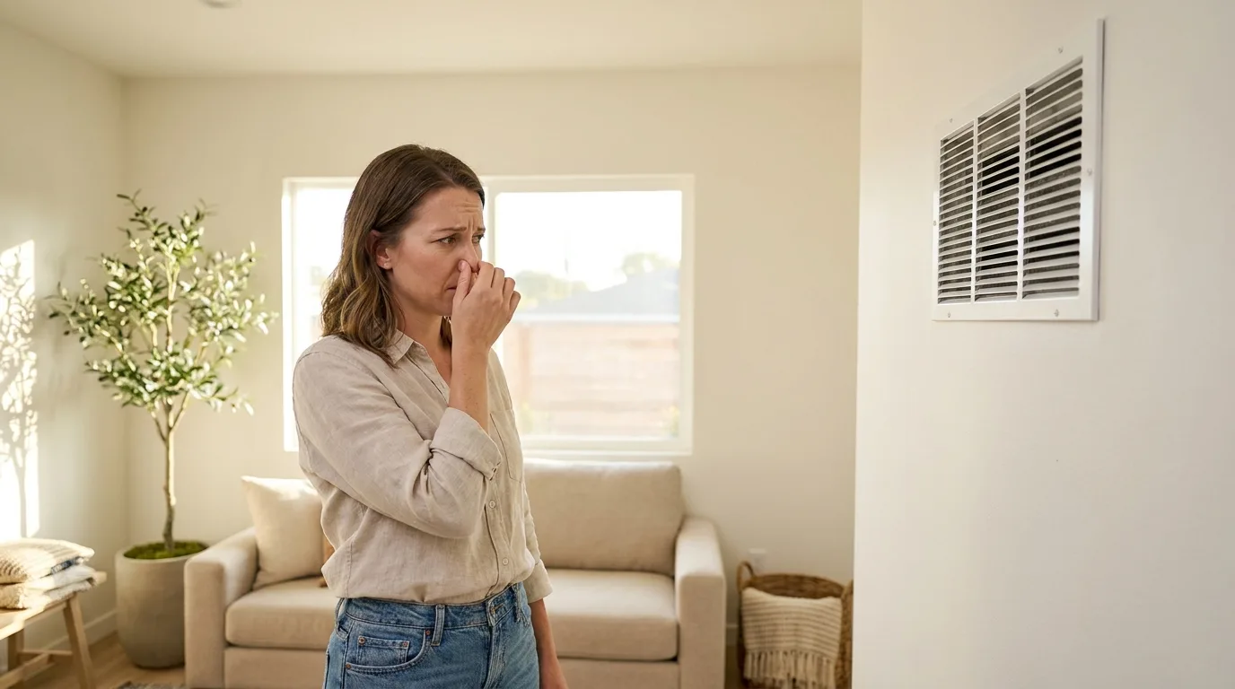 A San Diego homeowner noticing a bad smell coming from a wall-mounted HVAC return air vent