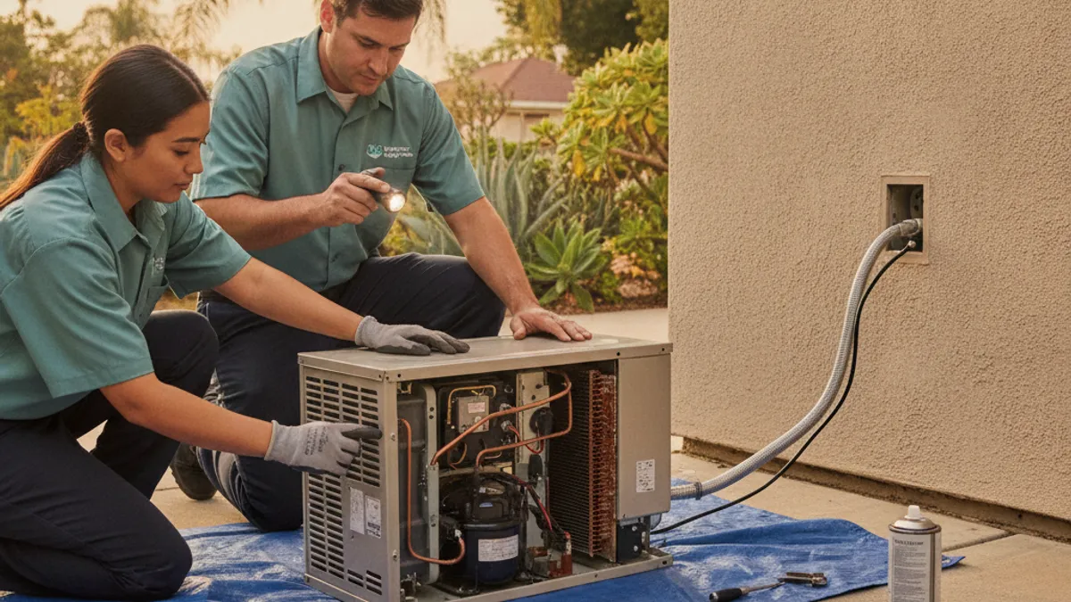 A window air conditioner unit removed from its frame, showing the coil and fan assembly for inspection