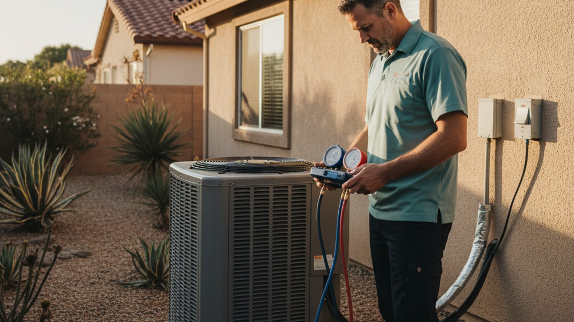 HVAC technician checking refrigerant pressures with a digital manifold gauge on a residential outdoor unit in San Diego afternoon light