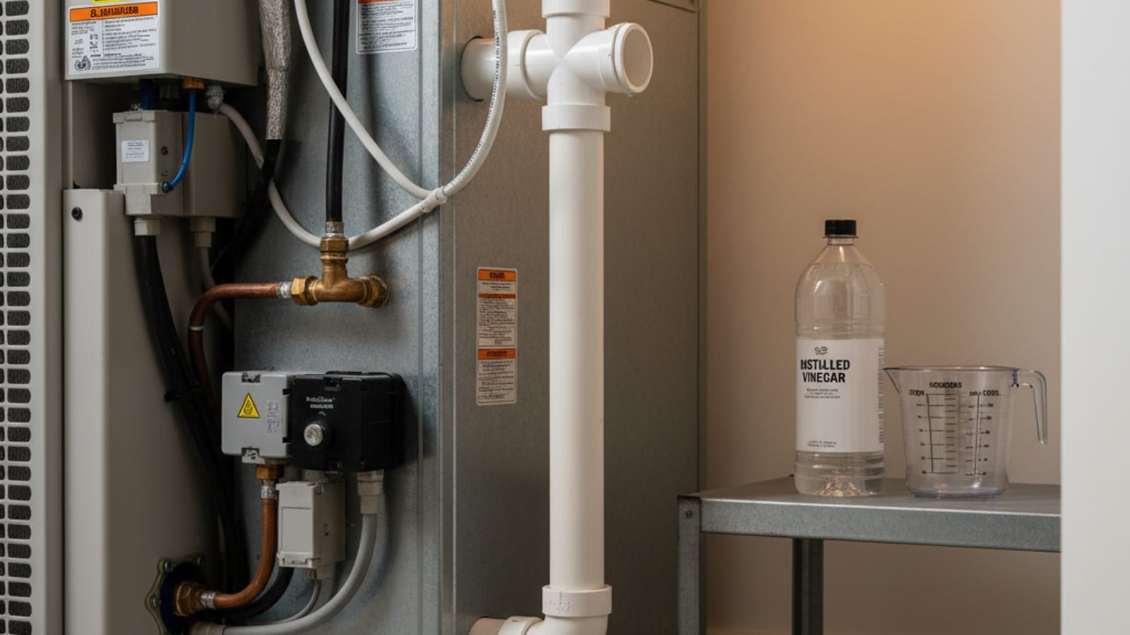 Close-up of a white PVC condensate drain line T-cleanout on the side of a residential air handler with a bottle of distilled vinegar nearby