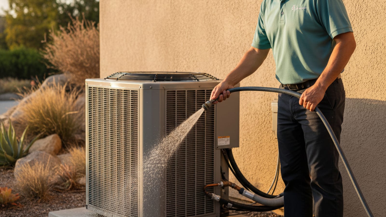 A homeowner gently rinsing the fin coils of an outdoor AC condenser unit with a garden hose in a San Diego backyard